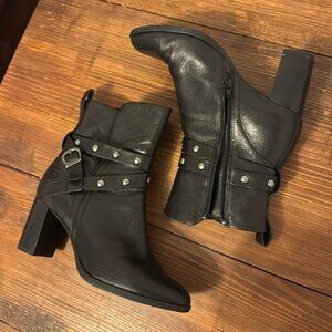 Born Emma Buckle Moto Black Leather Heeled Booties